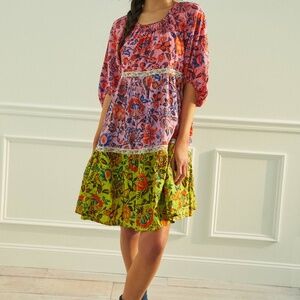 Anthropologie Mabel Mini Dress Floral Patchwork Boho Cottage Festival Tiered XS